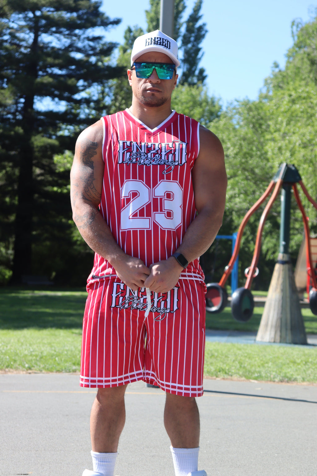 ENZED B&M Basketball Set – Red | Premium NZ Streetwear Singlet & Shorts (Mesh, Embroidered & Sublimated)