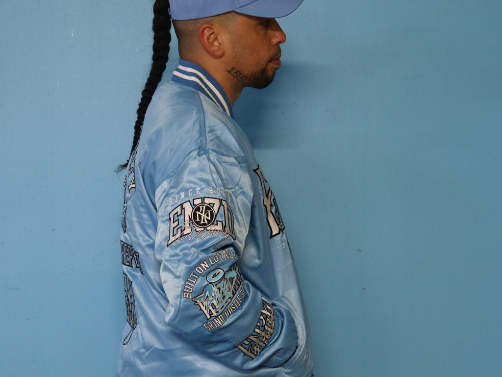 ENZED TAKEOVER Baby Blue Premium Satin Bomber Jacket