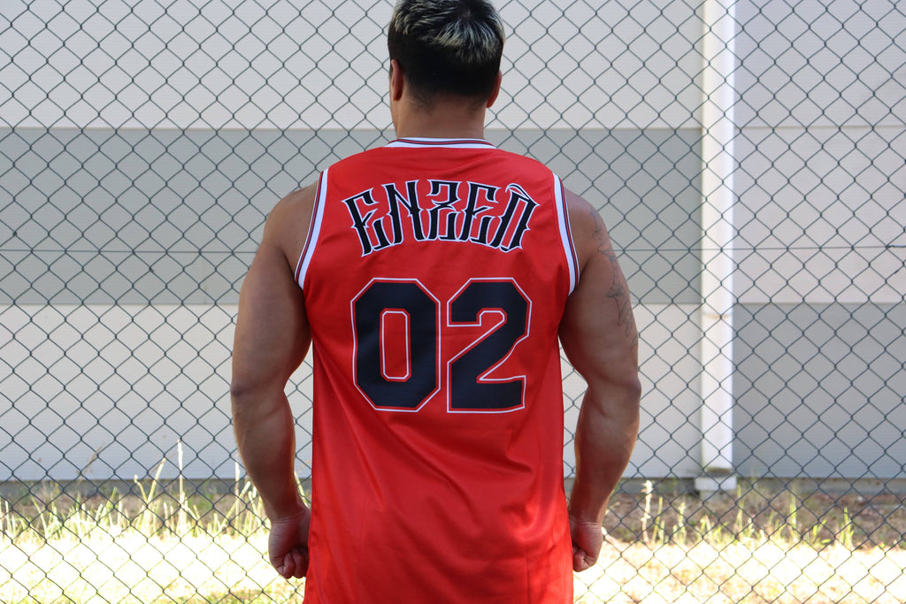 ENZED Heavyweight Basketball Singlet – Red & Black | Premium NZ Streetwear Mesh Jersey (Embroidered & Sublimated)