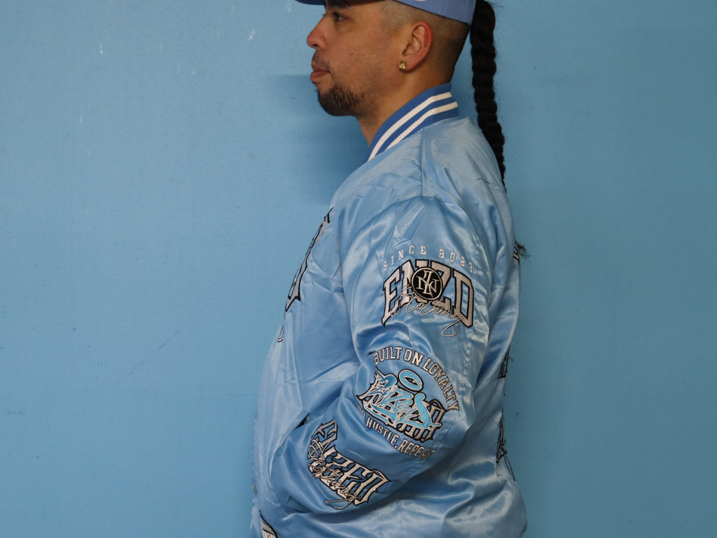 ENZED TAKEOVER Baby Blue Premium Satin Bomber Jacket