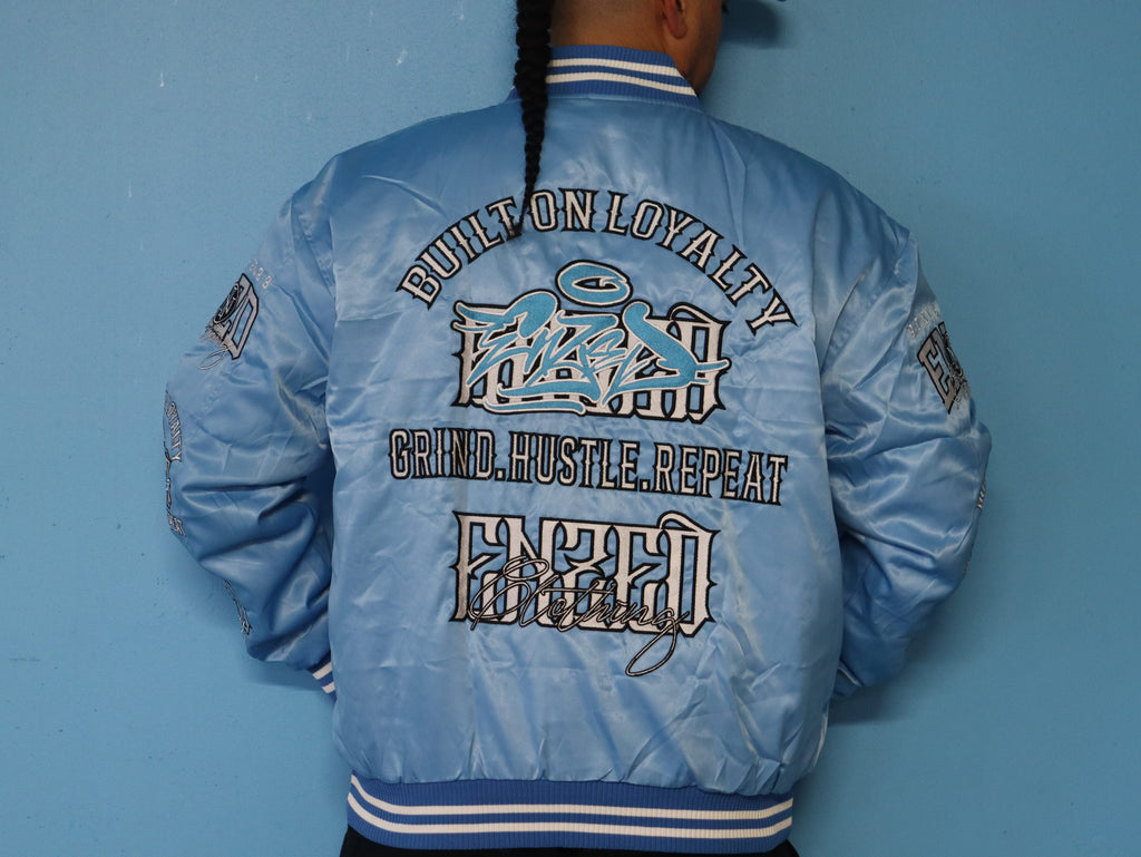 ENZED TAKEOVER Baby Blue Premium Satin Bomber Jacket
