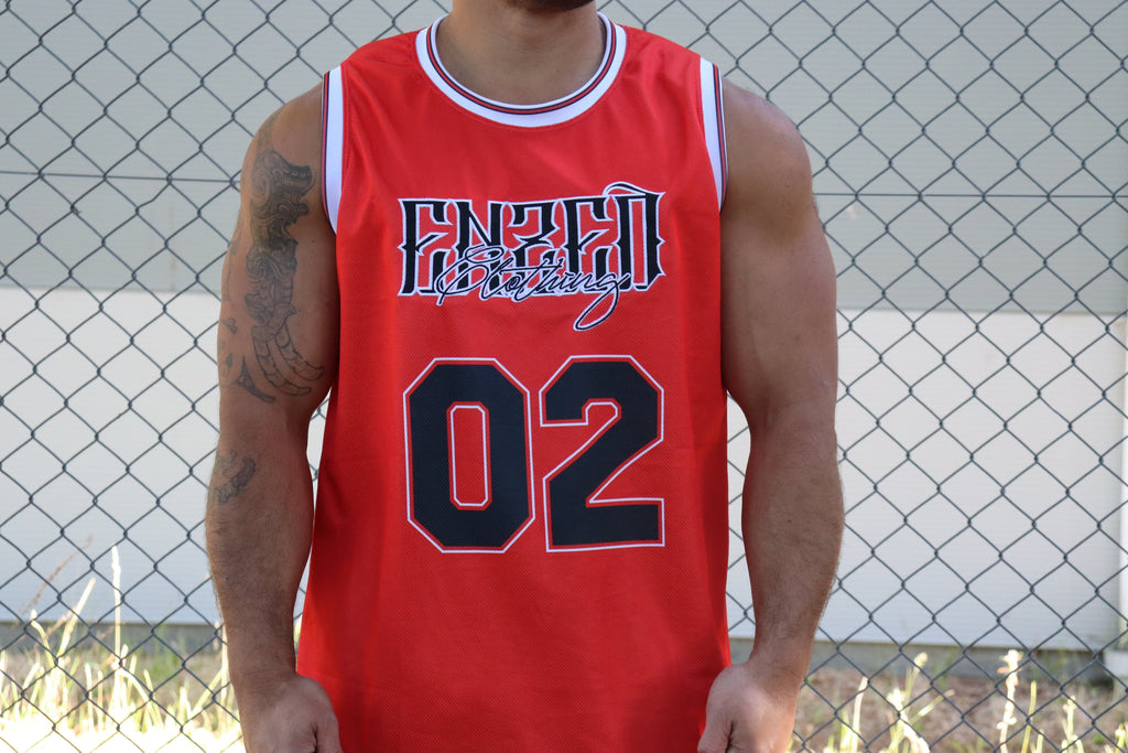 ENZED Heavyweight Basketball Singlet – Red & Black | Premium NZ Streetwear Mesh Jersey (Embroidered & Sublimated)
