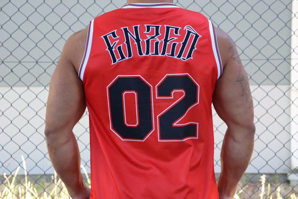 ENZED Heavyweight Basketball Singlet – Red & Black | Premium NZ Streetwear Mesh Jersey (Embroidered & Sublimated)