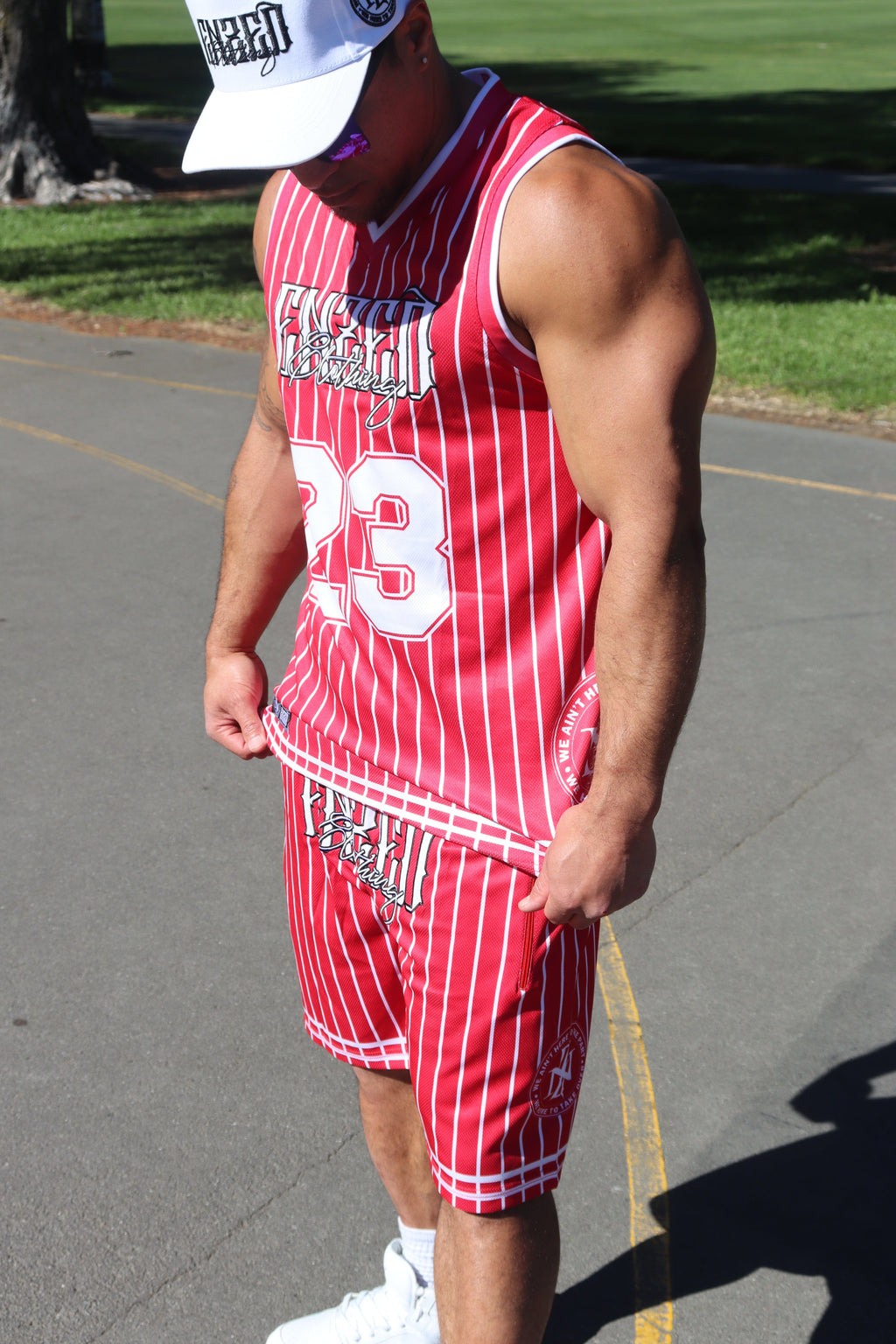 ENZED B&M Basketball Set – Red | Premium NZ Streetwear Singlet & Shorts (Mesh, Embroidered & Sublimated)
