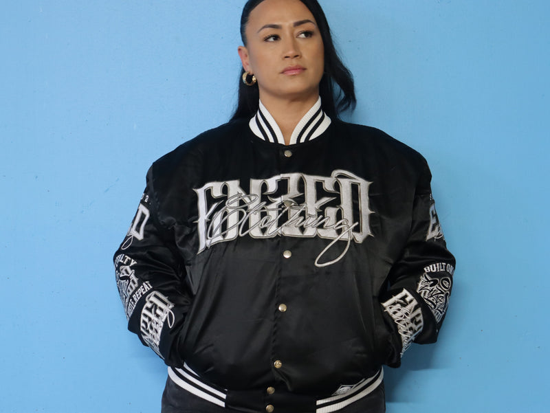 ENZED TAKEOVER Black Premium Satin Bomber Jacket with embroidered details and ribbed collar, designed in New Zealand streetwear