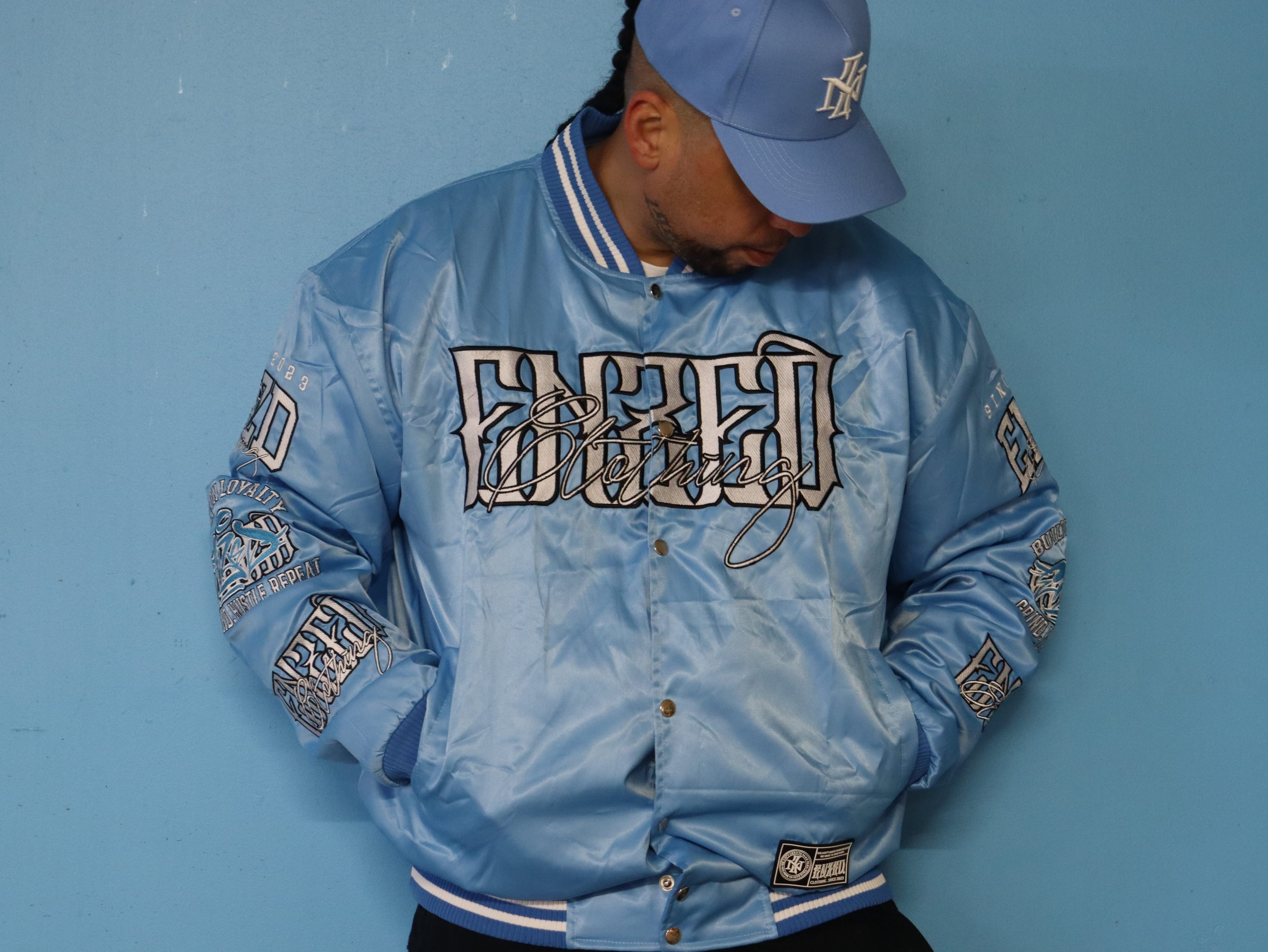 ENZED TAKEOVER Baby Blue Premium Satin Bomber Jacket