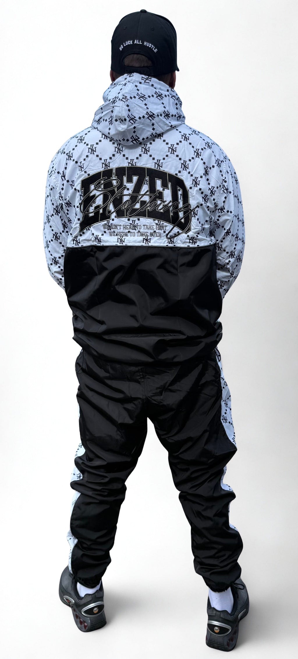 ENZED G-Style Windbreaker Tracksuit – Black & White | Premium NZ Streetwear Jacket & Pants (Reflective, Wind-Resistant)